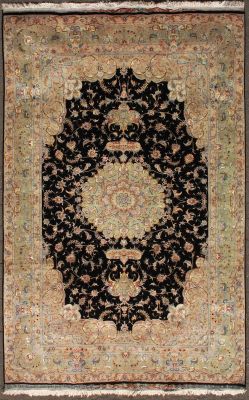 6'5x9'8 Pak Persian High Quality Area Rug with Silk & Wool Pile - Floral (Special Quality) Medallion Design | Hand-Knotted in Black