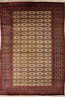 6'7x10'6 Bokhara Jaldar Area Rug with Wool Pile - Bokhara Jaldar (Old Rug) Diamond Design | Hand-Knotted in White