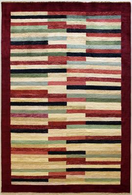 6'0x9'1 Gabbeh Area Rug made using Vegetable dyes with Wool Pile - Striped Design | Hand-Knotted Multicolored | 6x9 Double Knot Rug