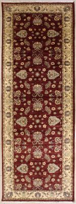 4'0x12'4 Chobi Ziegler Area Rug made using Vegetable dyes with Wool Pile - Floral Design | Hand-Knotted in Red
