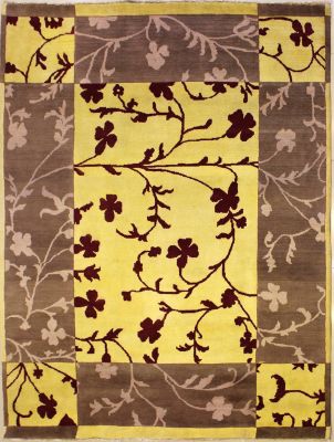6'4x7'11 Gabbeh Area Rug made using Vegetable dyes with Wool Pile - Floral Design | Hand-Knotted in Gold