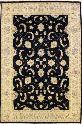 5'11x9'1 Chobi Ziegler Area Rug made using Vegetable dyes with Wool Pile - Floral Design | Hand-Knotted in Black
