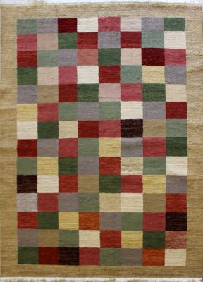 6'6x9'9 Gabbeh Area Rug made using Vegetable dyes with Wool Pile - Checkered Design | Hand-Knotted Multicolored | 6.5x10 Double Knot Rug