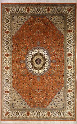 6'2x9'4 Pak Persian High Quality Area Rug with Silk & Wool Pile - Floral Design | Hand-Knotted in Orange