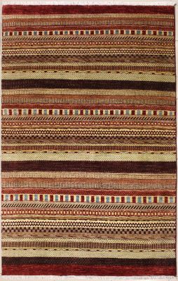 6'0x9'0 Gabbeh Area Rug made using Vegetable dyes with Wool Pile - Striped Design | Hand-Knotted Multicolored | 6x9 Double Knot Rug