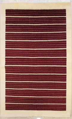 6'4x9'8 Gabbeh Area Rug made using Vegetable dyes with Wool Pile - Striped Design | Hand-Knotted in Red