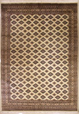 8'0x11'7 Bokhara Jaldar Area Rug with Silk & Wool Pile - Geometric Diamond Design | Hand-Knotted in White