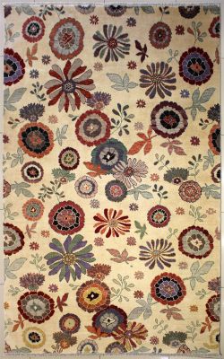 6'0x9'2 Chobi Ziegler Area Rug made using Vegetable dyes with Wool Pile - Floral Design | Hand-Knotted in White