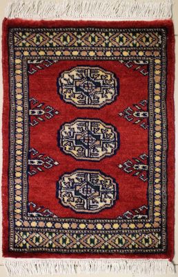 1'6x2'0 Bokhara Jaldar Area Rug with Wool Pile - Special Mori Bokhara Elephant Foot Design | Hand-Knotted in Red