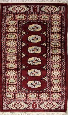 2'0x4'1 Bokhara Jaldar Area Rug with Wool Pile - Special Mori Bokhara Elephant Foot Design | Hand-Knotted in Red