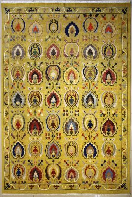 7'11x10'1 Chobi Ziegler Area Rug made using Vegetable dyes with Wool Pile - Floral Design | Hand-Knotted in Gold