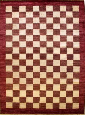 6'7x9'9 Gabbeh Area Rug made using Vegetable dyes with Wool Pile - Checkered Design | Hand-Knotted Multicolored | 6.5x10 Double Knot Rug