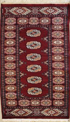 2'1x4'2 Bokhara Jaldar Area Rug with Silk & Wool Pile - Special Mori Bokhara Elephant Foot Design | Hand-Knotted in Red