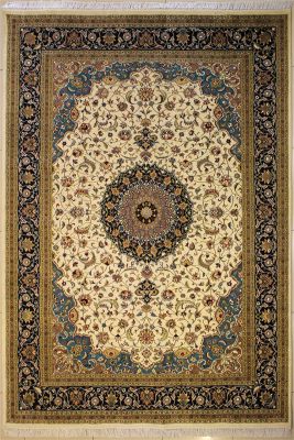 8'2x10'2 Pak Persian High Quality Area Rug with Silk & Wool Pile - Floral Medallion Design | Hand-Knotted in White