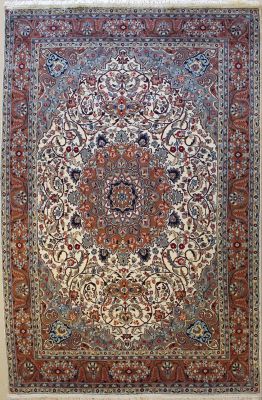 6'10x11'5 Pak Persian High Quality Area Rug with Silk & Wool Pile - Isfahan Medallion Design | Hand-Knotted in Ivory
