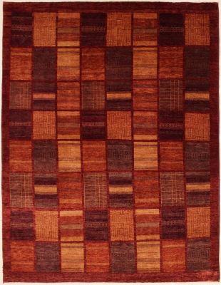 8'2x10'9 Chobi Ziegler Area Rug made using Vegetable dyes with Wool Pile - Checkered Design | Hand-Knotted in Red