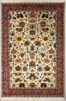 9'2x12'6 Chobi Ziegler Area Rug made using Vegetable dyes with Wool Pile - Geometric Design | Hand-Knotted in White