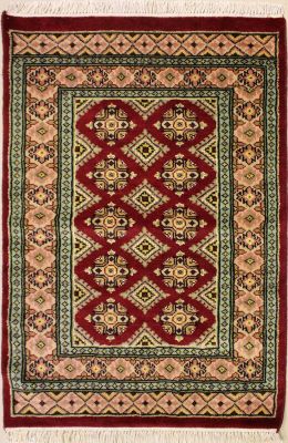 2'7x4'0 Bokhara Jaldar Area Rug with Silk & Wool Pile - Geometric Diamond Design | Hand-Knotted in Red