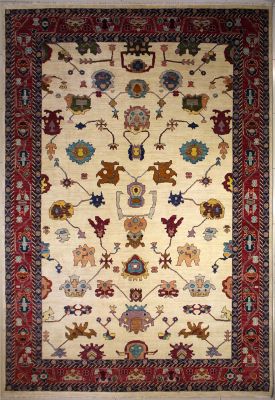 10'2x14'2 Chobi Ziegler Area Rug made using Vegetable dyes with Wool Pile - Geometric Design | Hand-Knotted in White