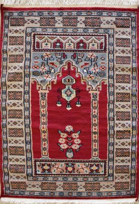 2'6x4'2 Bokhara Jaldar Area Rug with Wool Pile - Prayer Pictorial Design | Hand-Knotted in Red