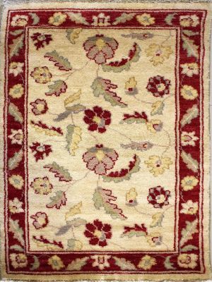 2'1x3'2 Chobi Ziegler Area Rug made using Vegetable dyes with Wool Pile - Floral Design | Hand-Knotted in White