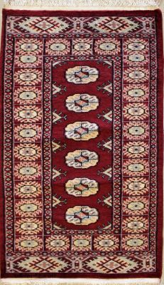 2'2x4'2 Bokhara Jaldar Area Rug with Wool Pile - Special Mori Bokhara Elephant Foot Design | Hand-Knotted in Red