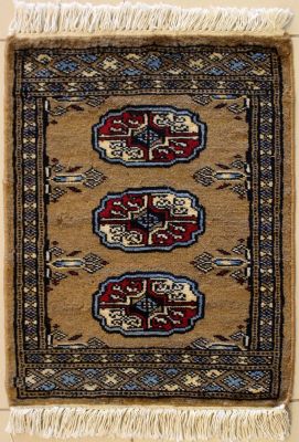1'6x1'11 Bokhara Jaldar Area Rug with Wool Pile - Special Mori Bokhara Elephant Foot Design | Hand-Knotted in Brown