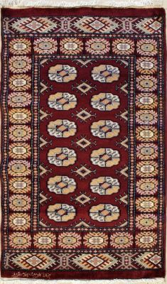 2'6x4'0 Bokhara Jaldar Area Rug with Silk & Wool Pile - Special Mori Bokhara Elephant Foot Design | Hand-Knotted in Red