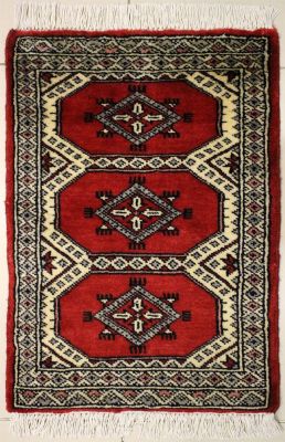 1'5x2'1 Bokhara Jaldar Area Rug with Wool Pile - Geometric Diamond Design | Hand-Knotted in Red