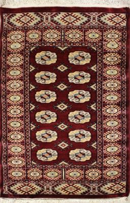 2'6x4'0 Bokhara Jaldar Area Rug with Wool Pile - Special Mori Bokhara Elephant Foot Design | Hand-Knotted in Red