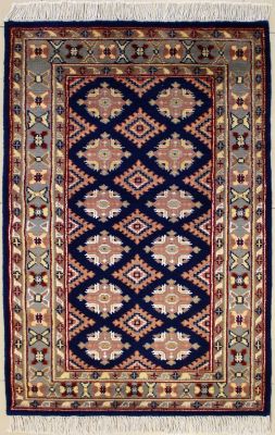 2'6x4'5 Bokhara Jaldar Area Rug with Silk & Wool Pile - Geometric Diamond Design | Hand-Knotted in Blue