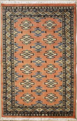 2'5x3'10 Bokhara Jaldar Area Rug with Wool Pile - Geometric Design | Hand-Knotted in Pink