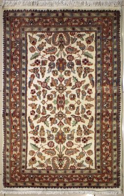 2'7x4'2 Pak Persian Area Rug with Silk & Wool Pile - Floral Design | Hand-Knotted in Ivory