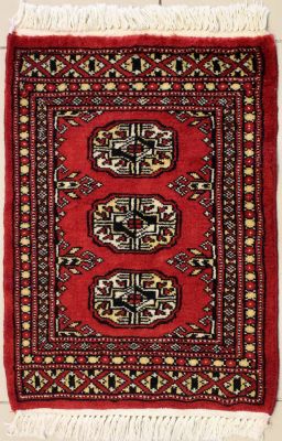 1'6x2'0 Bokhara Jaldar Area Rug with Wool Pile - Special Mori Bokhara Elephant Foot Design | Hand-Knotted in Red