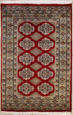 2'6x3'11 Bokhara Jaldar Area Rug with Wool Pile - Geometric Diamond Design | Hand-Knotted in Red