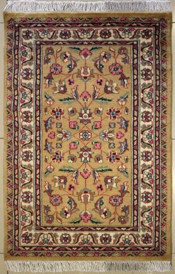2'7x4'3 Pak Persian Area Rug with Silk & Wool Pile - Floral Design | Hand-Knotted in Beige