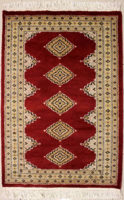 2'6x3'11 Bokhara Jaldar Area Rug with Silk & Wool Pile - Geometric Diamond Design | Hand-Knotted in Red