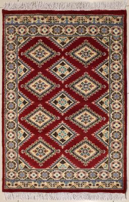 2'7x4'1 Bokhara Jaldar Area Rug with Silk & Wool Pile - Geometric Diamond Design | Hand-Knotted in Red