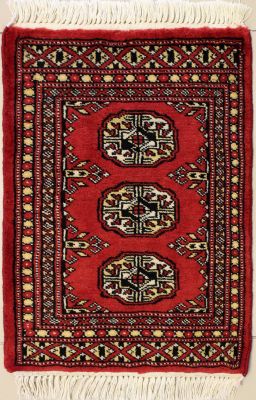 1'6x2'2 Bokhara Jaldar Area Rug with Wool Pile - Special Mori Bokhara Elephant Foot Design | Hand-Knotted in Red