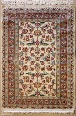 2'6x4'1 Pak Persian Area Rug with Silk & Wool Pile - Floral Design | Hand-Knotted in Ivory