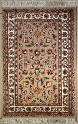 2'7x4'2 Pak Persian Area Rug with Silk & Wool Pile - Floral Design | Hand-Knotted in Beige