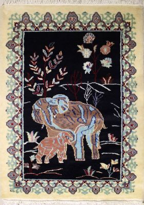 2'5x4'0 Pak Persian Area Rug with Silk & Wool Pile - Pictorial Hunting Shikargah Design | Hand-Knotted in Black