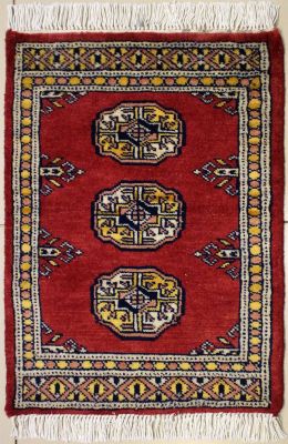 1'6x2'0 Bokhara Jaldar Area Rug with Wool Pile - Special Mori Bokhara Elephant Foot Design | Hand-Knotted in Red