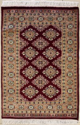 2'6x3'11 Bokhara Jaldar Area Rug with Silk & Wool Pile - Geometric Diamond Design | Hand-Knotted in Red