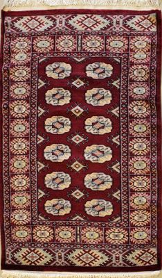 2'6x4'1 Bokhara Jaldar Area Rug with Wool Pile - Special Mori Bokhara Elephant Foot Design | Hand-Knotted in Red