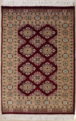 2'7x3'11 Bokhara Jaldar Area Rug with Silk & Wool Pile - Geometric Diamond Design | Hand-Knotted in Red