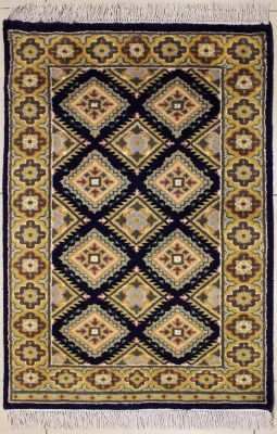 2'6x4'1 Bokhara Jaldar Area Rug with Silk & Wool Pile - Geometric Diamond Design | Hand-Knotted in Blue