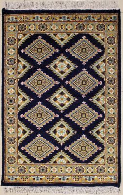 2'7x4'4 Bokhara Jaldar Area Rug with Silk & Wool Pile - Geometric Diamond Design | Hand-Knotted in Blue