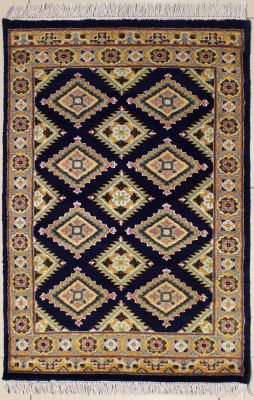 2'7x4'2 Bokhara Jaldar Area Rug with Silk & Wool Pile - Geometric Diamond Design | Hand-Knotted in Blue