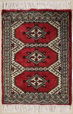 1'6x2'0 Bokhara Jaldar Area Rug with Wool Pile - Geometric Diamond Design | Hand-Knotted in Red
